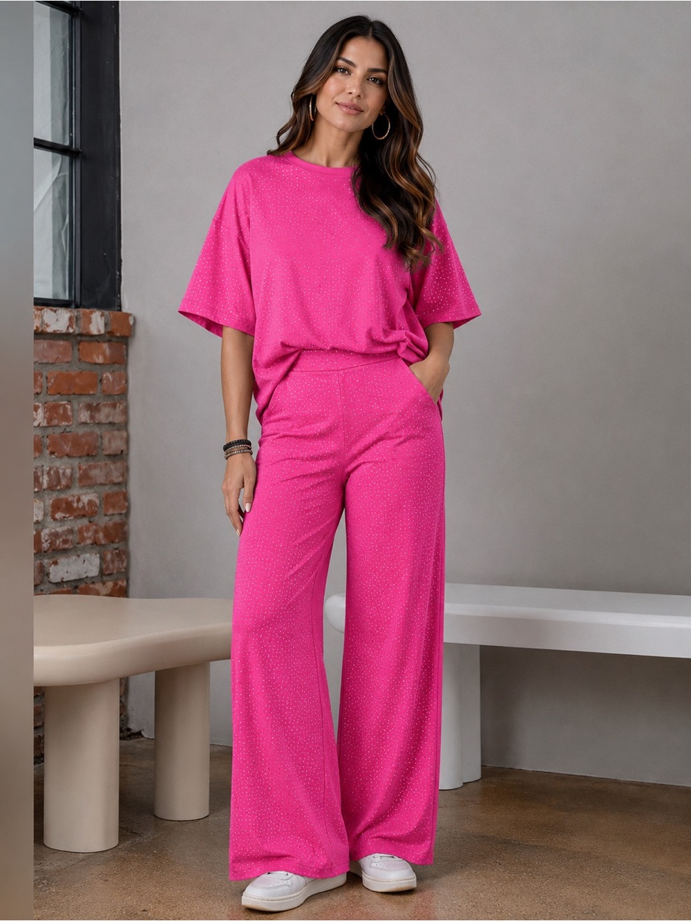 Women's Pink Rhinestone Set, 100% Cotton